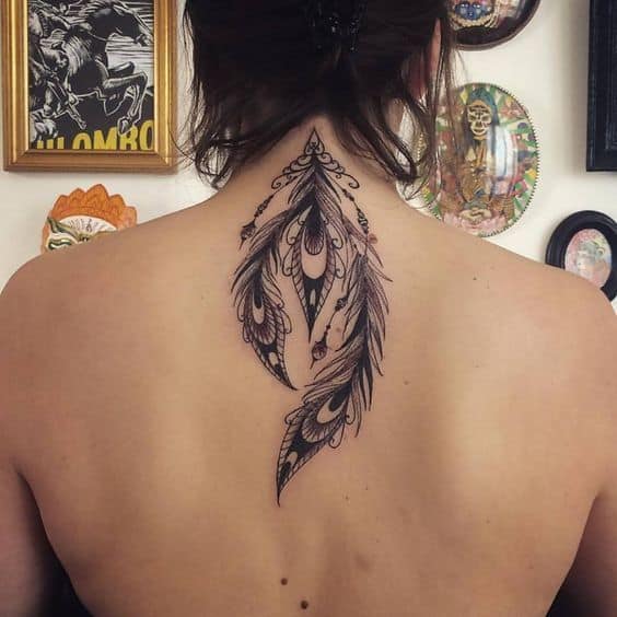 Amazing Back Peacock Feather Tattoo