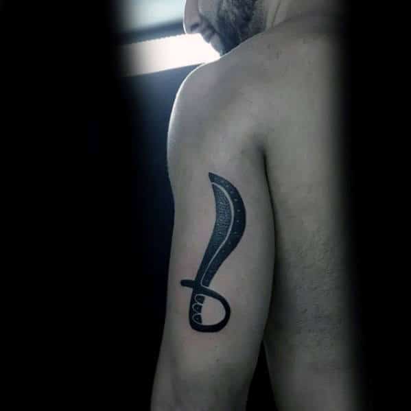 Amazing Black Ink Sword Back Of Arm Tattoo On Man