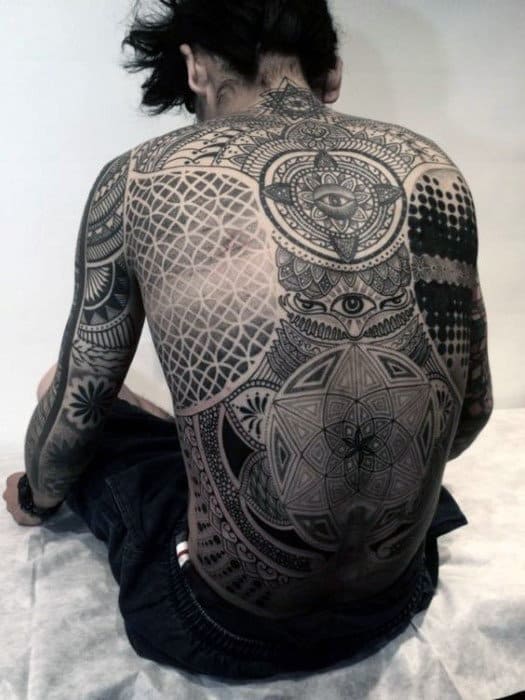 Amazing Black One Eyed Eastern Mandala Design Tattoo Male Full Back
