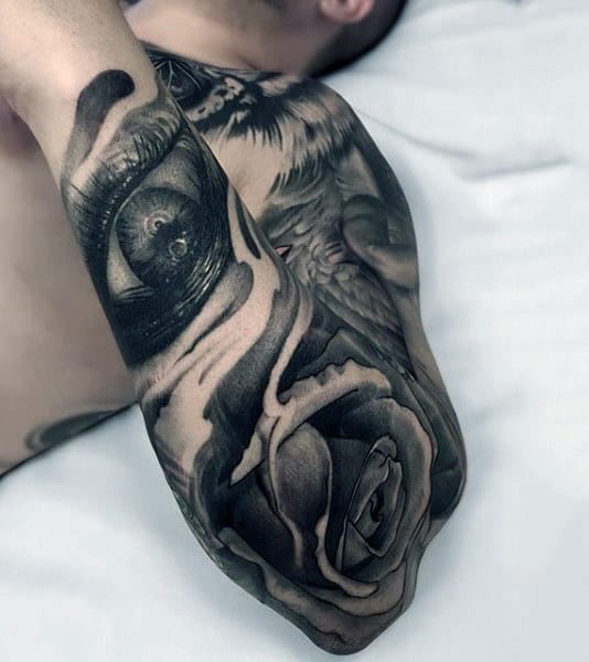 Amazing Black Shaded Eye And Rose Tattoo Mens Sleeves