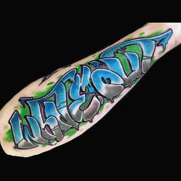 Amazing Blue Green And Grey Ink Mens Graffiti Forearm Tattoo Of Lettering