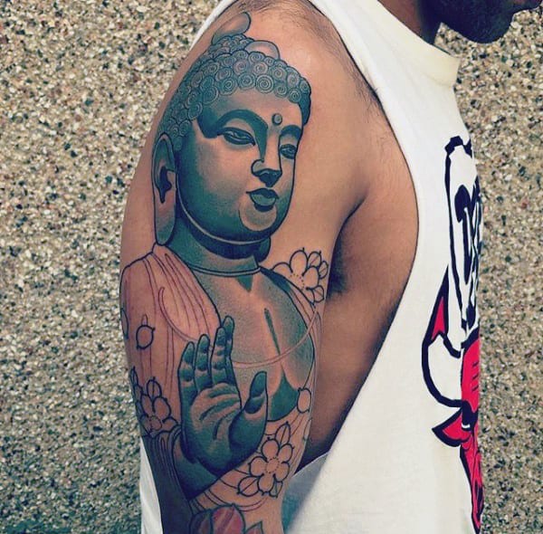Amazing Blue Hued Buddha Tattoo On Arms For Men