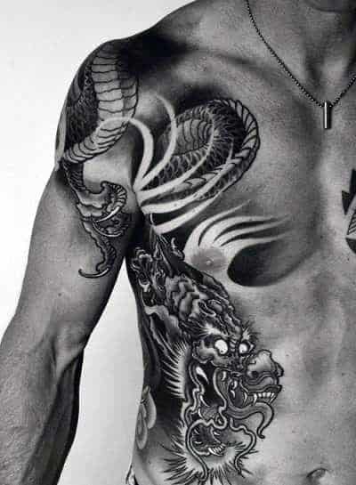 Amazing Chinese Dragon Guys Half Chest Tattoo Design Ideas