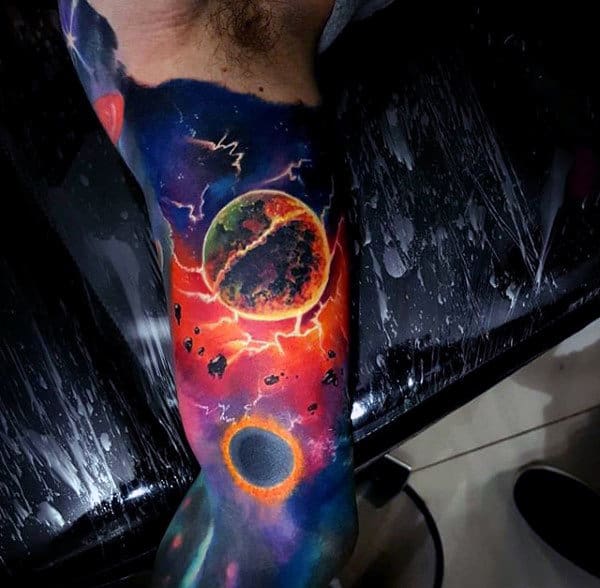 Amazing Colorful Mens Bicep Outer Space Tattoos