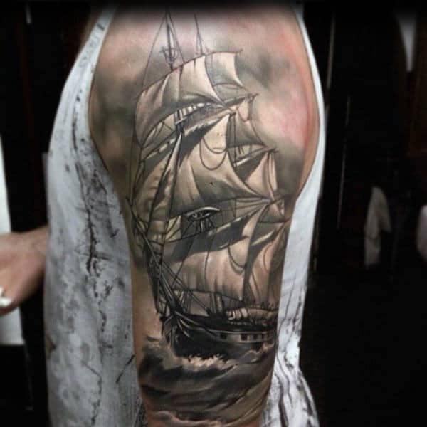 Amazing Detailed Male Sailing Ship White And Grey Ink Half Sleeve Tattoos