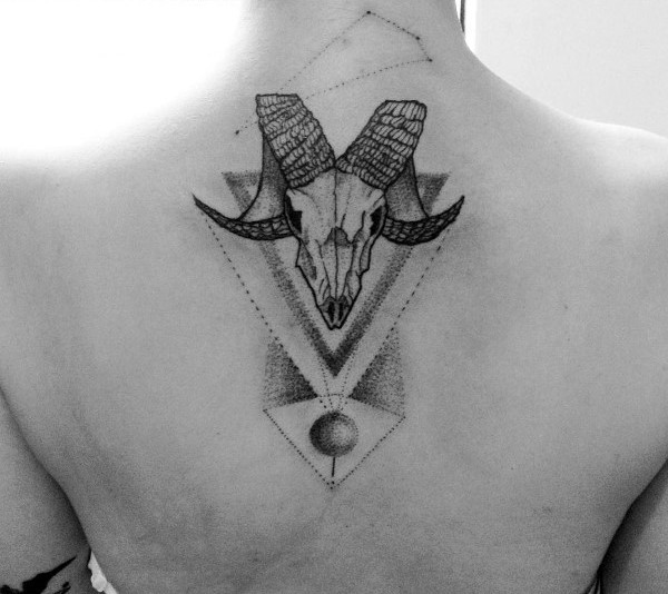 Amazing Dotwork Guys Aries Ram Skull Geometric Back Tattoo
