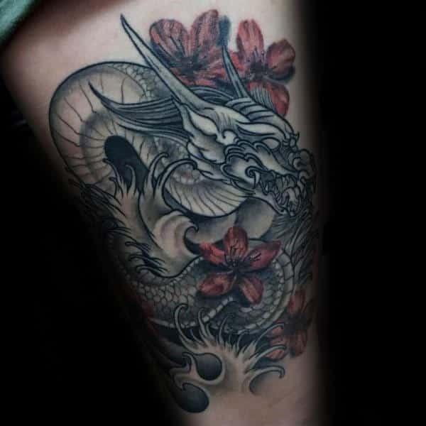 Amazing Dragon Cherry Blossom Flower Mens Thigh Tattoo