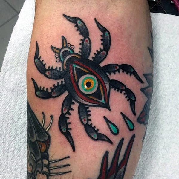 Amazing Eye Spider Mens Traditional Leg Tattoos