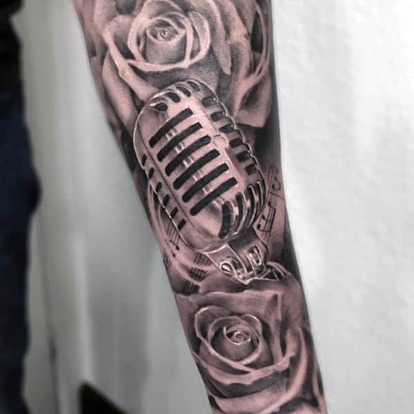 Amazing Forearm Sleeve Guys Shaded Rose And Microphone Tattoo Design Ideas