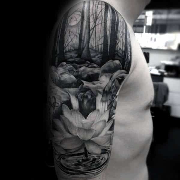 Amazing Forest Waterfall Male Half Sleeve Tattoo Designs