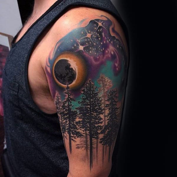 Amazing Forest With Stars In Sky Guys Upper Arm Watercolor Tattoo