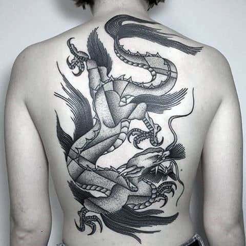 Amazing Full Back Guys Traditional Dragon Shaded Tattoo Design Ideas