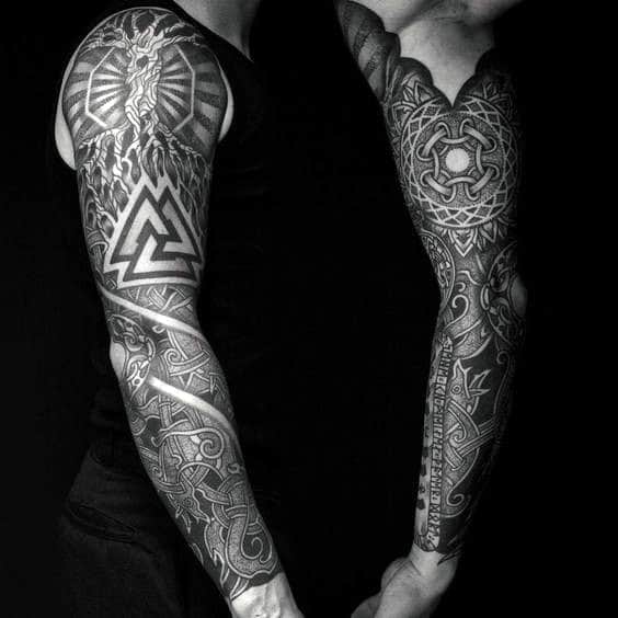 Amazing Full Norse Themed Sleeve Valknut Tattos For Guys