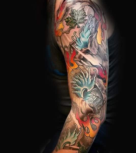 Amazing Full Sleeve Fire And Water Tattoos For Men