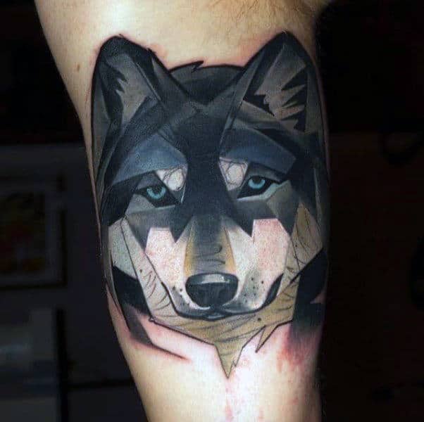 Amazing Geometric Wolf Bicep Inner Arm Watercolor Tattoos For Men