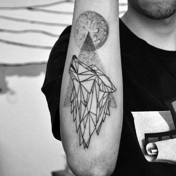 Amazing Geometric Wolf Howling At The Moon Outerforearm Male Tattoos