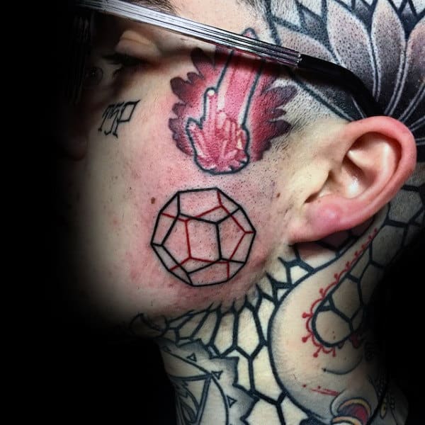 Amazing Geometrical Shape With Red Crystals Face Tattoos For Guys