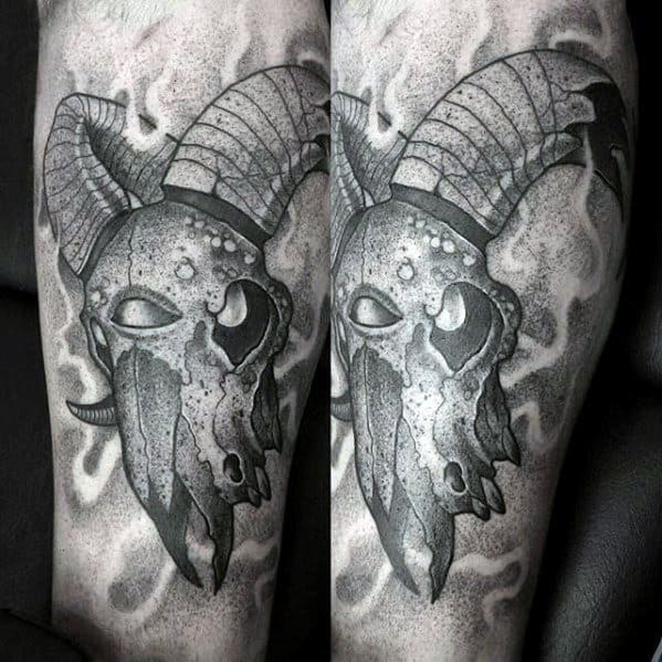 Amazing Goat Skull Shaded Black And Grey Tattoo On Arm