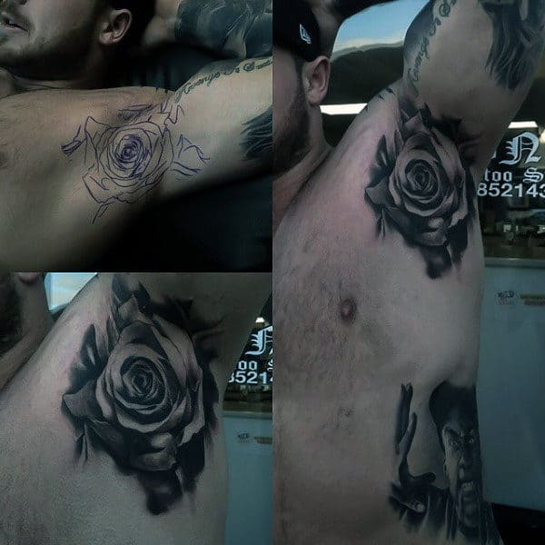 Amazing Gray Rose Tattoo Mens Armpit
