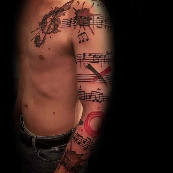 Amazing Guys Music Note Full Arm Tattoos With Paint Brush Stroke Design
