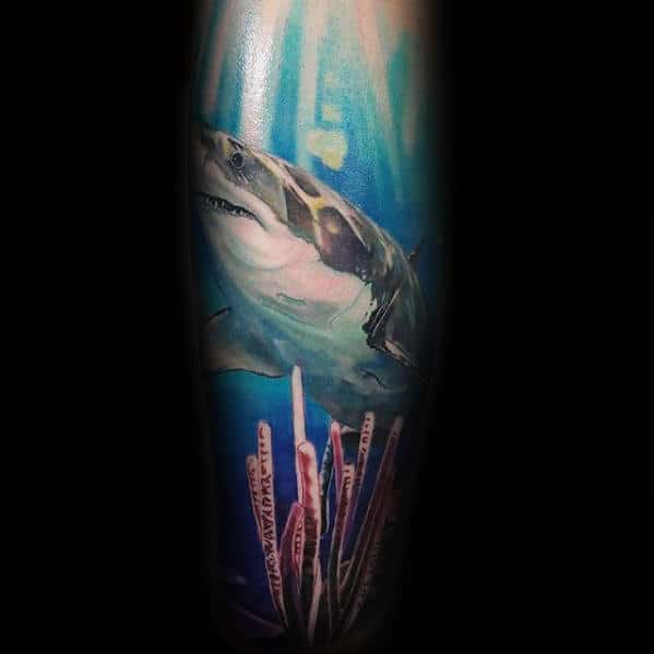 Amazing Guys Shark Leg Sleeve Tattoo Design