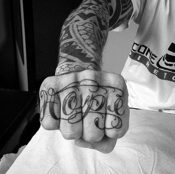 Amazing Hope Lettering Guys Fist Knuckle Tattoos