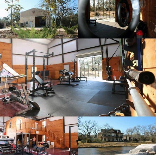 large garage gym with rubber mats