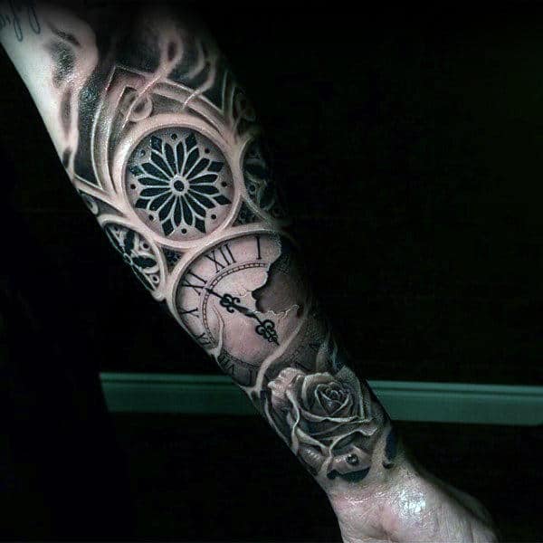 Amazing Inner Forearm Rose Flower Clock Tattoo For Guys