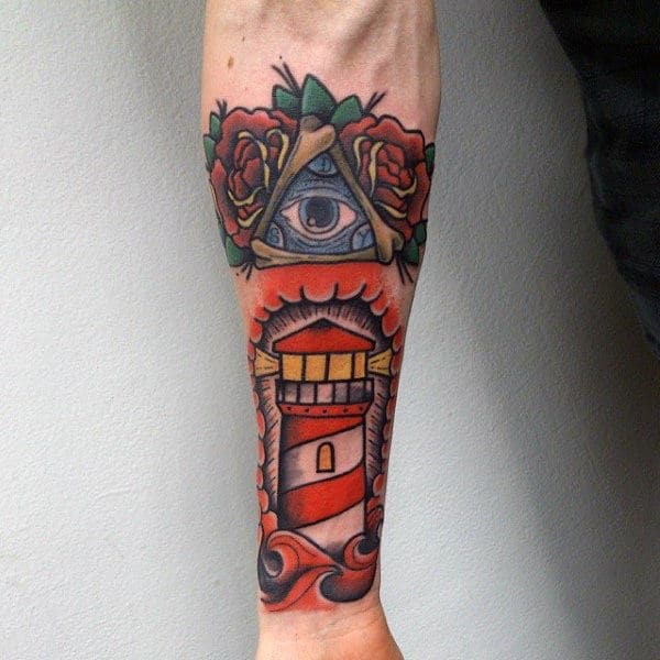 Amazing Inner Forearm Sleeve Male Traditional Lighthouse With All Seeing Eye Tattoo