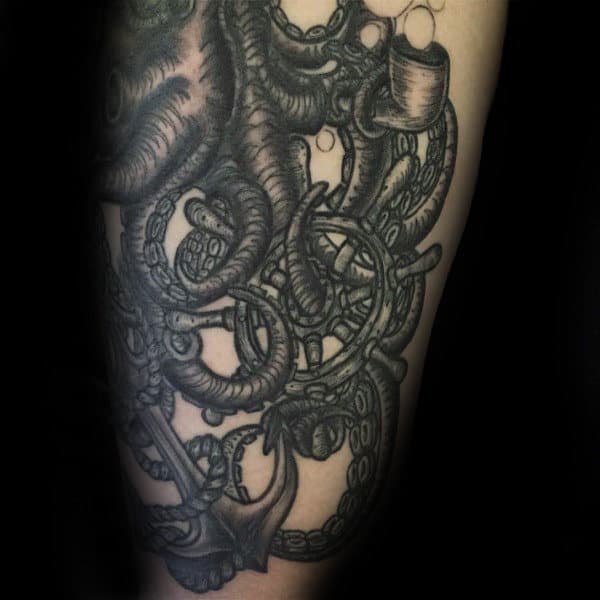 Amazing Kraken Ship Wheel Male Thigh Tattoo Inspiration