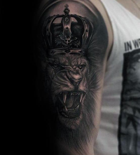 Amazing Lion With Crown Guys Arm Tattoo