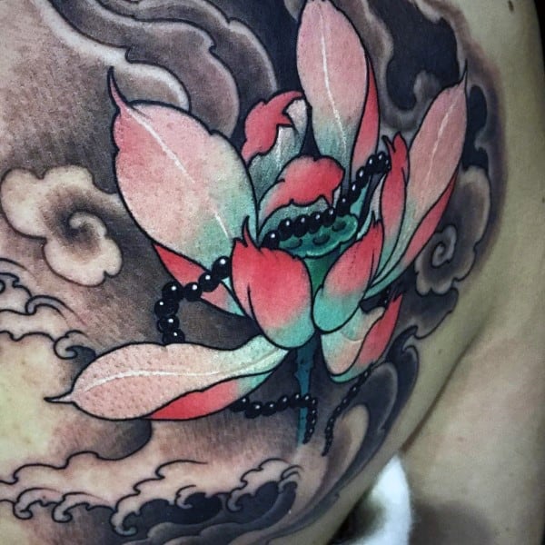 Amazing Lotus Flower Back Tattoo For Men With Ocean Waves And Rosary Beads