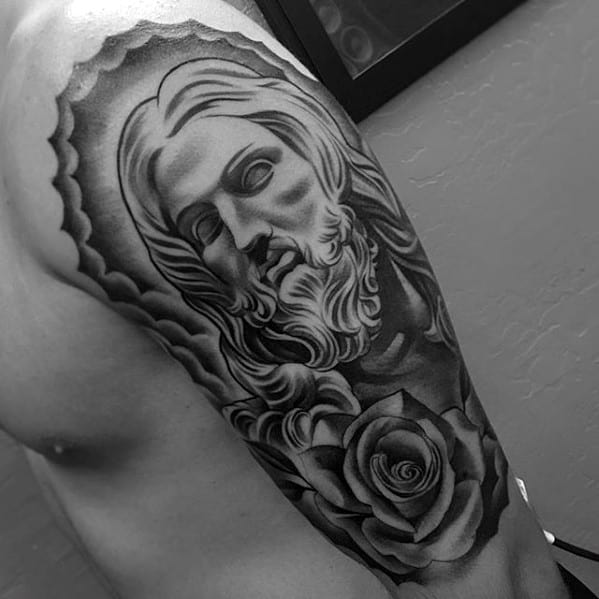 Amazing Male Rose Flower Jesus Arm Tattoos
