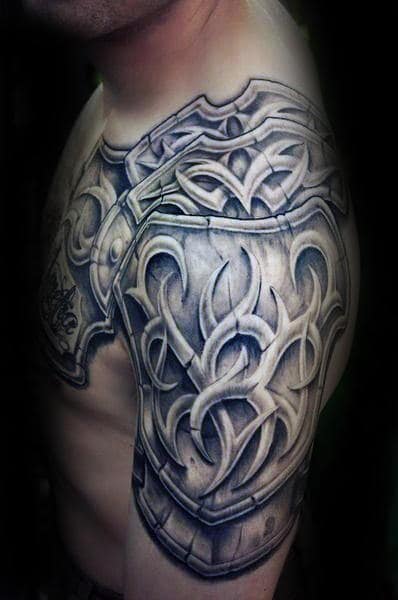 Amazing Mens 3d Armor Tribal Half Sleeve And Chest Tattoo