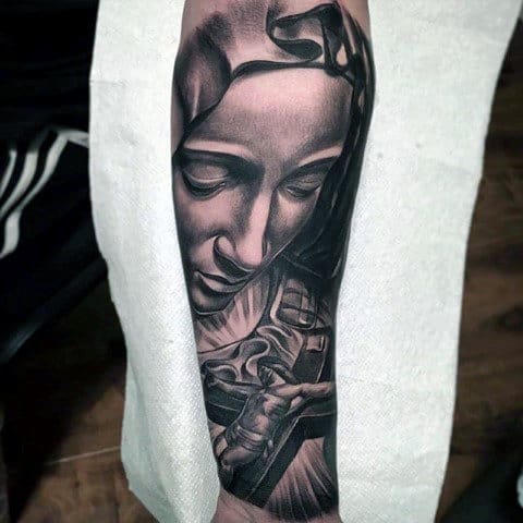 Amazing Mens 3d Mother Mary With Jesus On The Cross Forearm Sleeve Tattoo