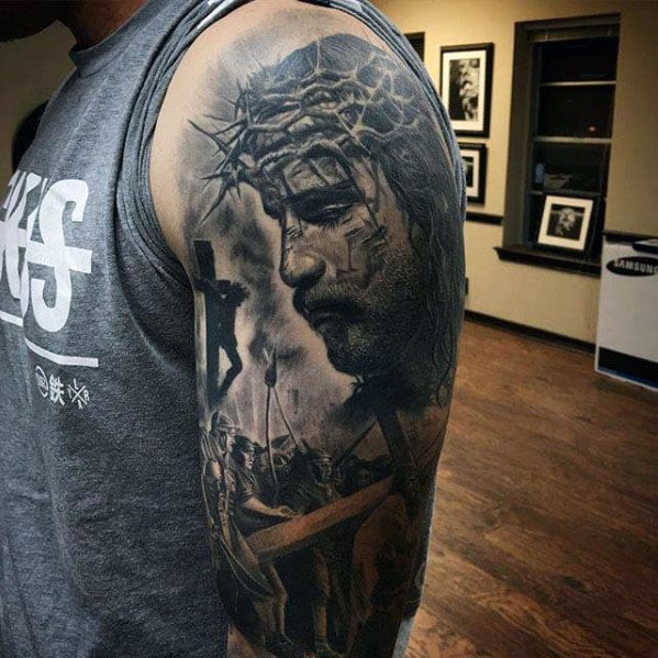 Amazing Mens 3d Realistic Jesus Portrait With Cross Half Sleeve Tattoos