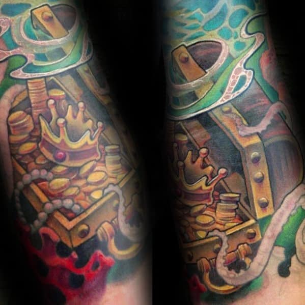 Amazing Mens 3d Treasure Chest Sleeve Tattoo Ideas