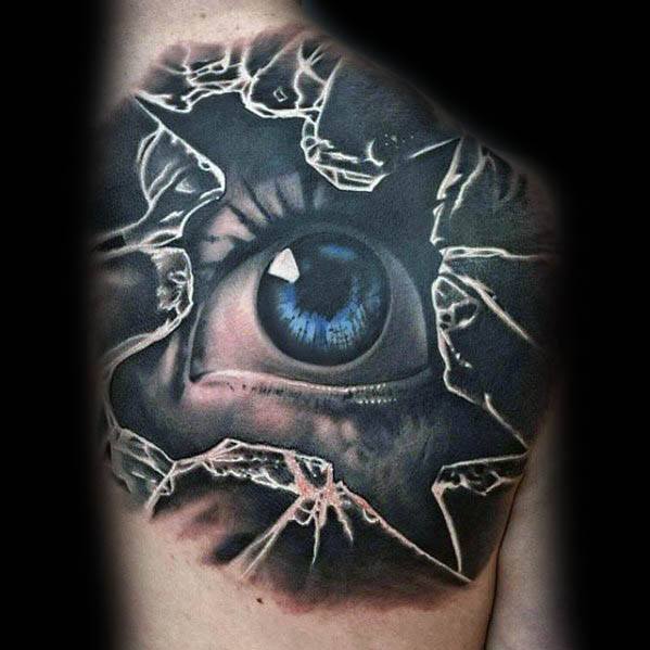 Amazing Mens 3d Upper Back Eye Broken Glass Tattoo Designs