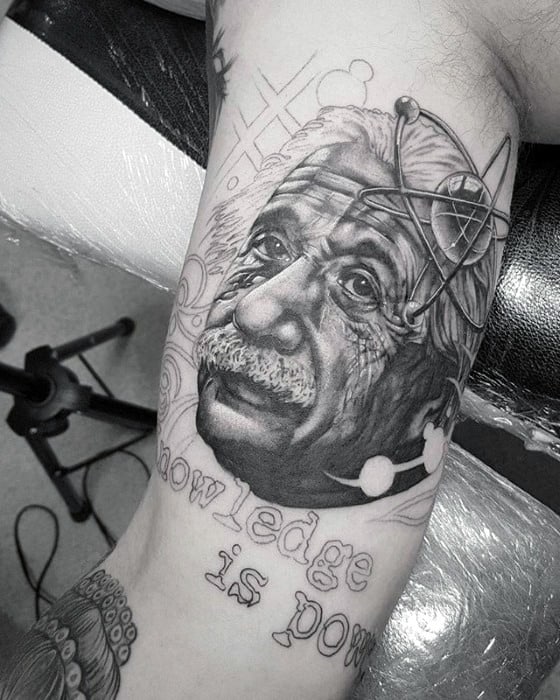 Amazing Mens Albert Einstein Portrait Tattoo Designs On Inner Arm Bicep