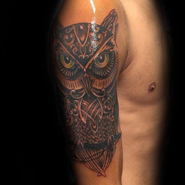 Amazing Mens Arm Half Sleeve Celtic Owl Tattoo Designs