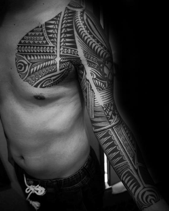 Amazing Mens Awesome Tribal Chest And Sleeve Tattoo Designs