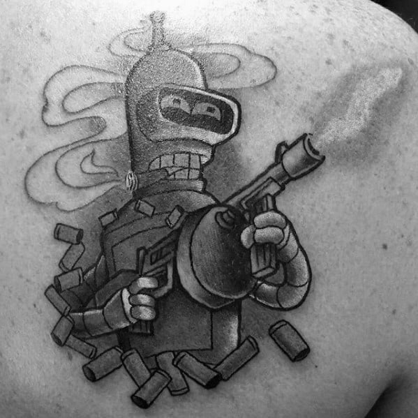 Amazing Mens Bender With Machine Gun Upper Back Shoulder Tattoo Ideas