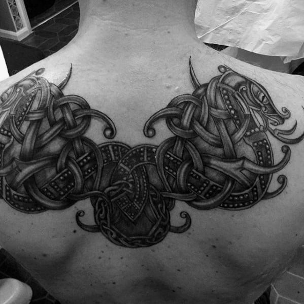 Amazing Mens Celtic Dragon Black And Grey Ink Upper Back Tttoos
