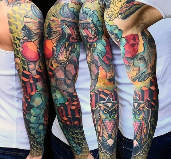 Amazing Mens Colorful 3d Full Arm Sleeve Tattoo Ideas