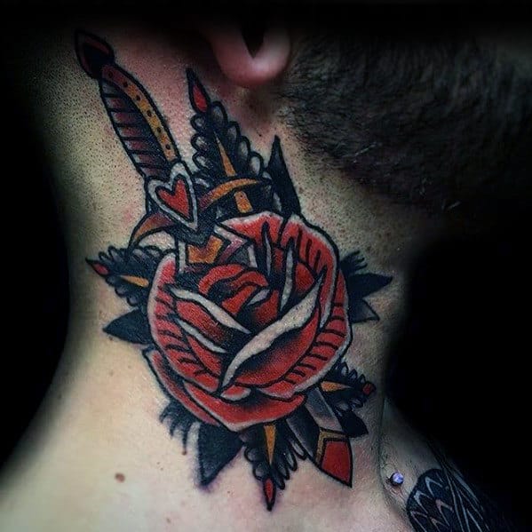 Amazing Mens Dagger Rose Flower Traditional Neck Tattoo