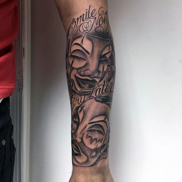 Amazing Mens Drama Mask Tattoo Forearm Sleeve With Chicano Designs