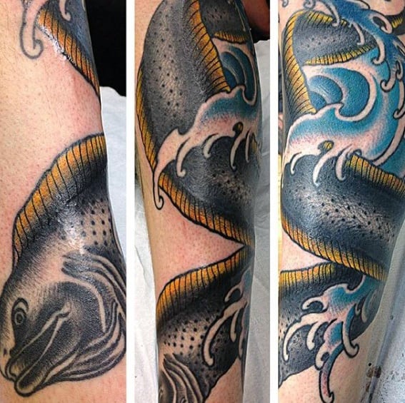 Amazing Mens Eel With Waves Forearm Tattoo Designs