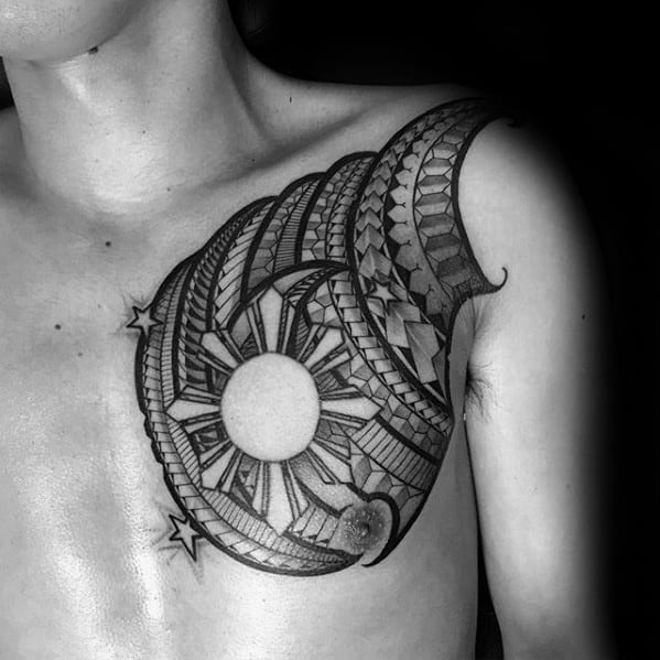Amazing Mens Filipino Sun Tattoo Designs On Upper Chest