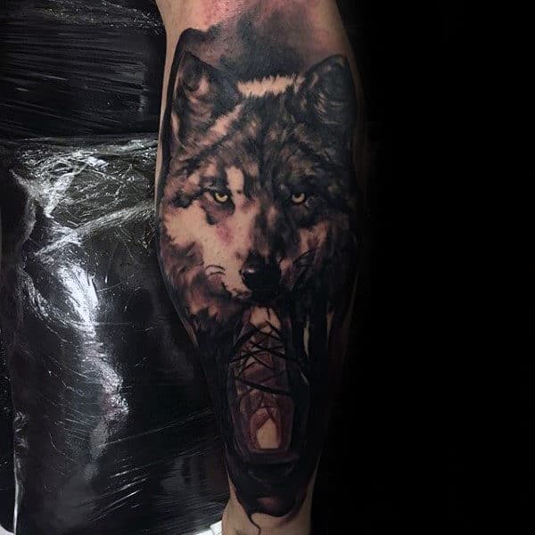 Amazing Mens Forest Wolf Trees Tattoo On Leg