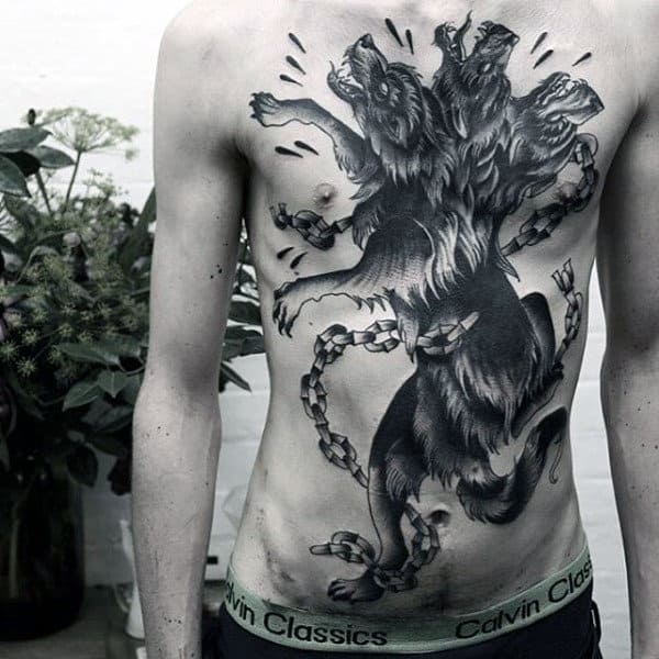 Amazing Mens Full Chest Cerberus Tattoos